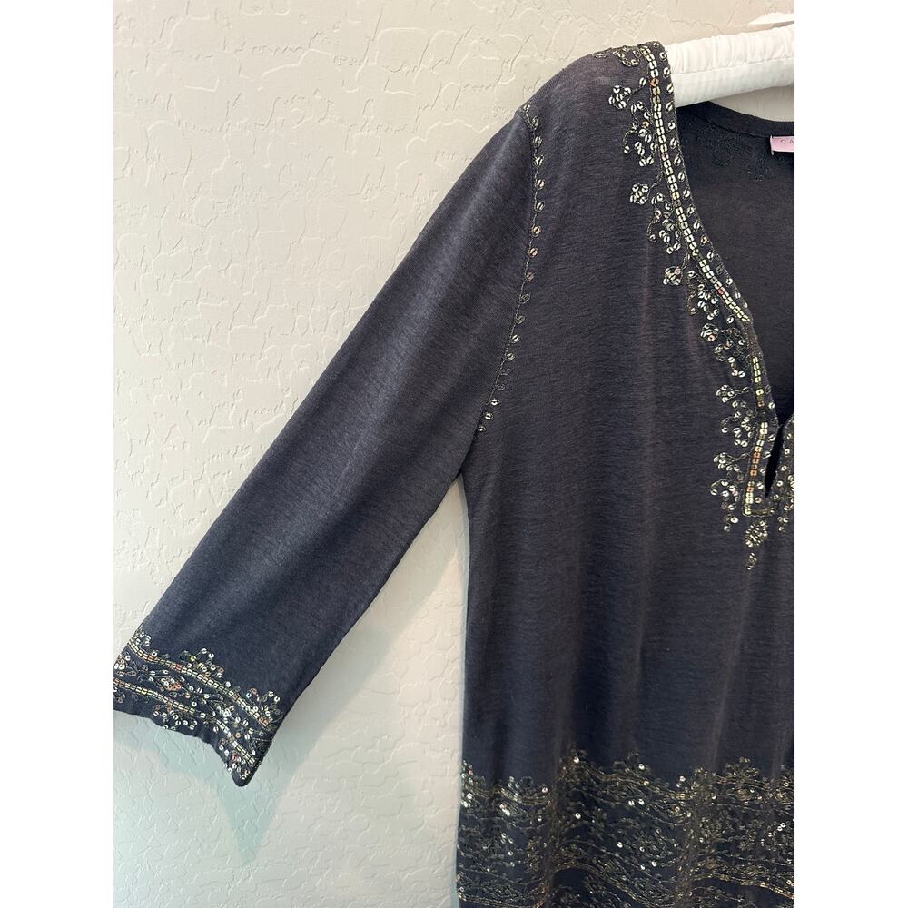 CALYPSO St. Barth 100% Linen Sequin Embellished Tunic Dress Boho Luxe Medium - Picture 3 of 9